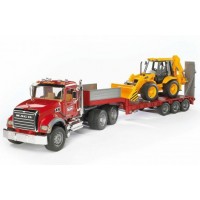 Тягач MACK с прицепом платформой с экскаватором–погрузчиком JCB 4CX Bruder 02-81...