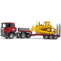 Тягач с прицепом платформой Scania с гусеничным бульдозером CAT Bruder 03-555...